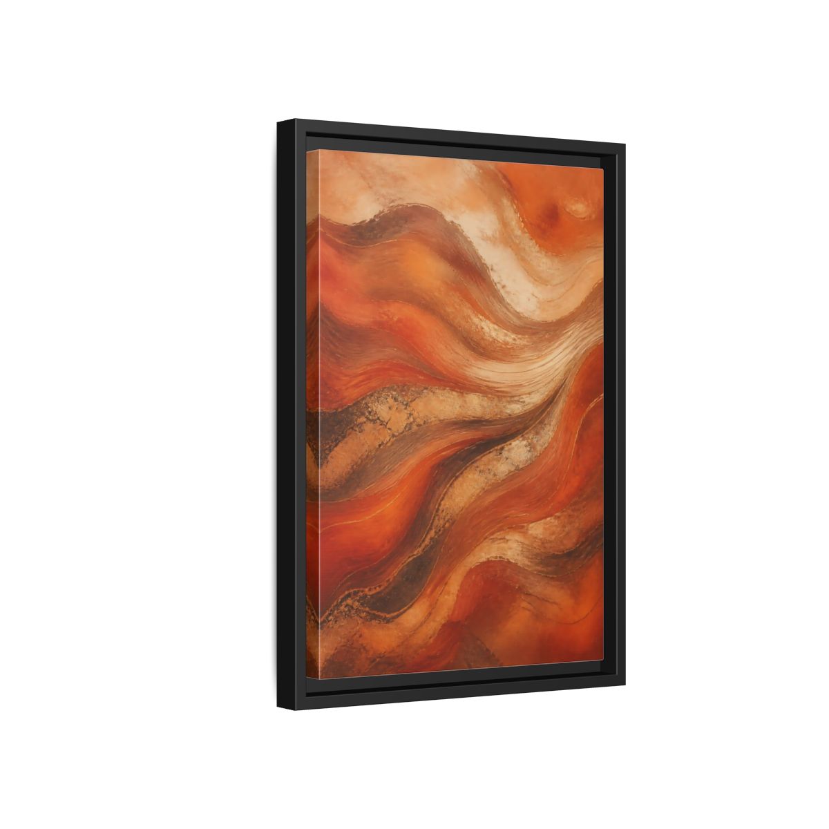 Side Mockup 6. Abstract Abstract Waves Orange And Gold shown as stretched canvas wall art