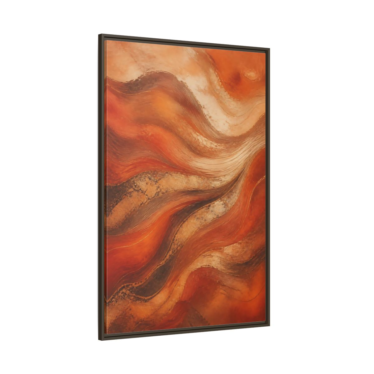 Side Mockup 8. Abstract Abstract Waves Orange And Gold shown as stretched canvas wall art