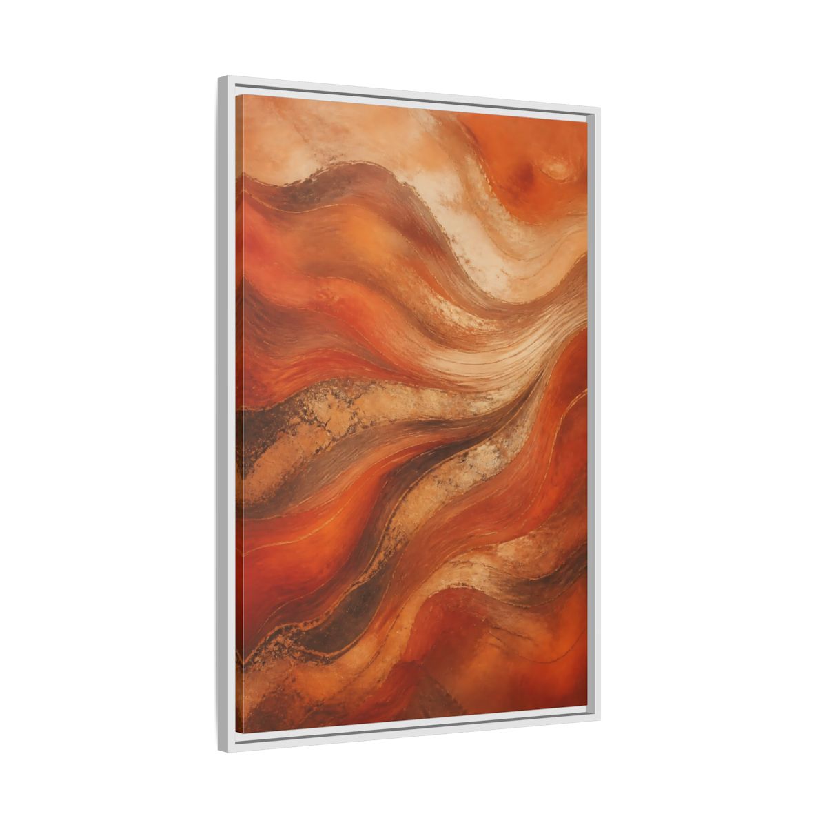 Side Mockup 9. Abstract Abstract Waves Orange And Gold shown as stretched canvas wall art