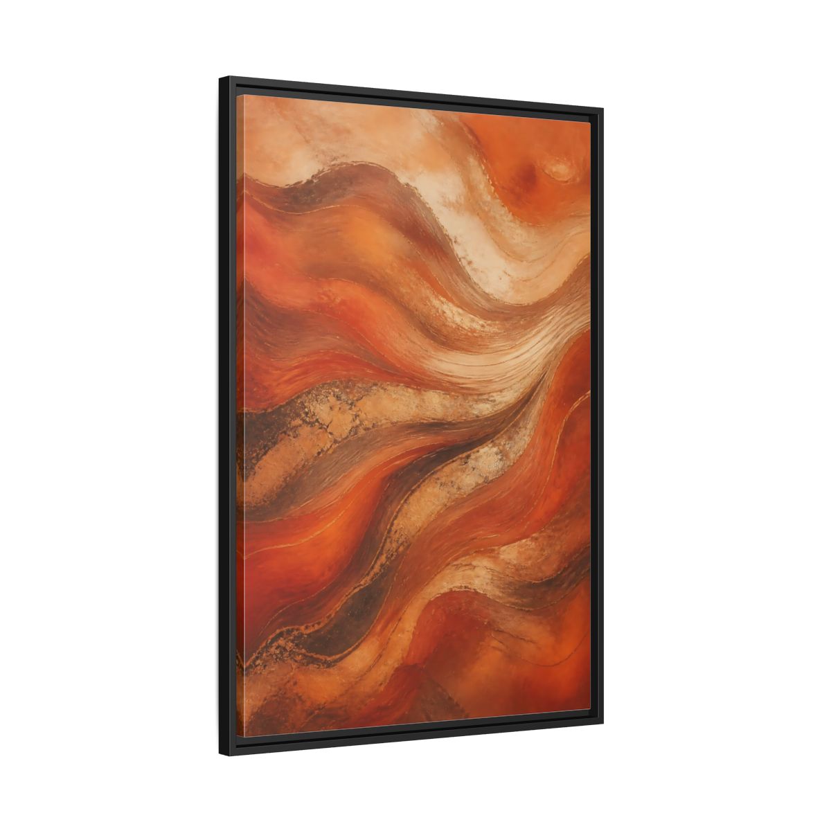 Side Mockup 13. Abstract Abstract Waves Orange And Gold shown as stretched canvas wall art