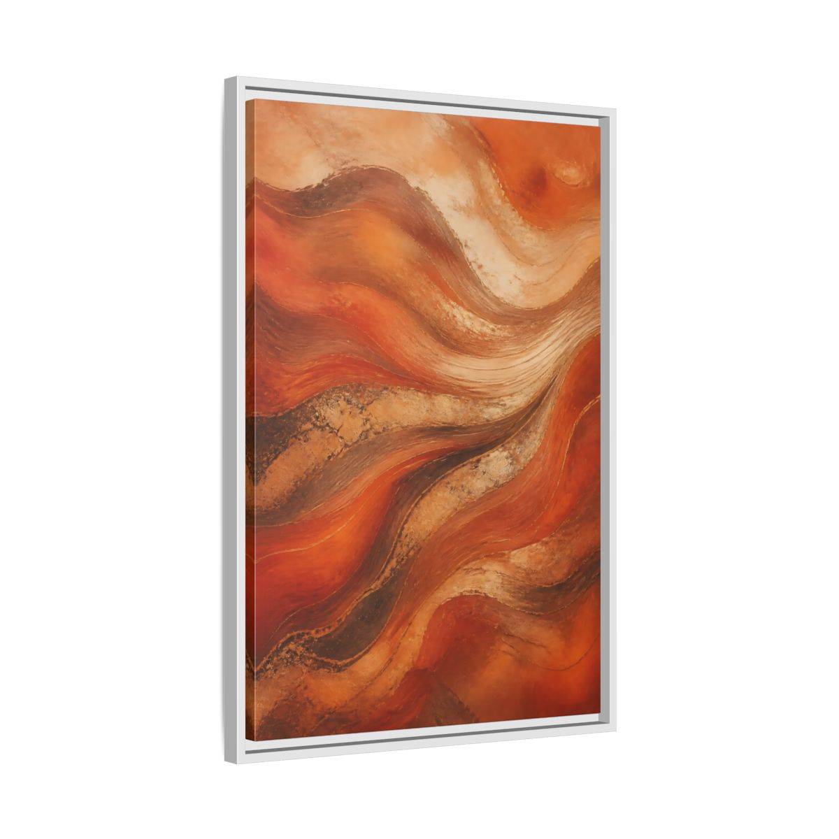 Side Mockup 10. Abstract Abstract Waves Orange And Gold shown as stretched canvas wall art