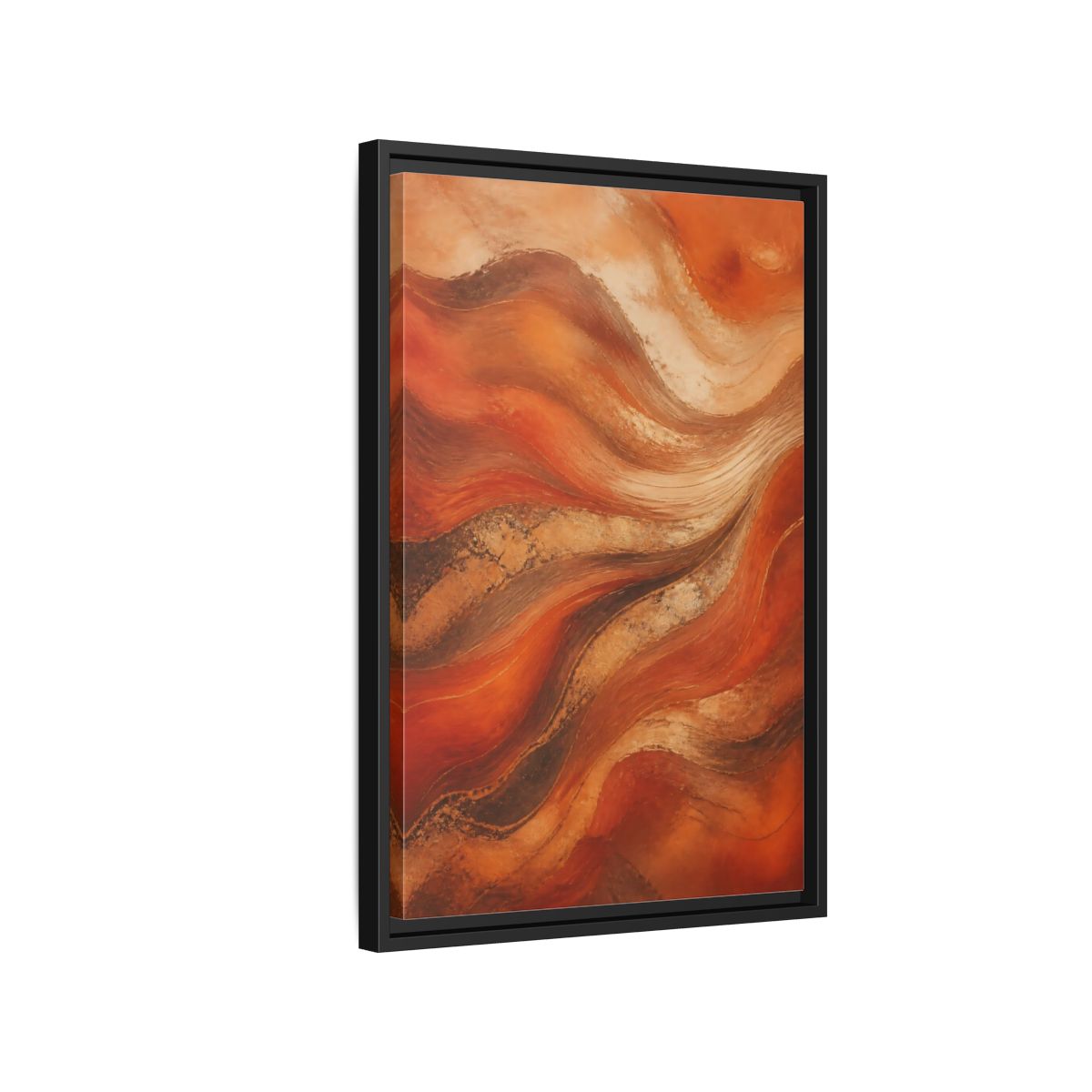 Side Mockup 3. Abstract Abstract Waves Orange And Gold shown as stretched canvas wall art