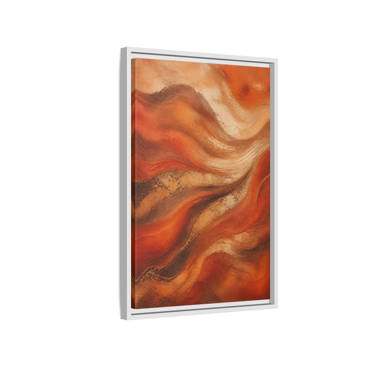 Side Mockup 1. Abstract Abstract Waves Orange And Gold shown as stretched canvas wall art