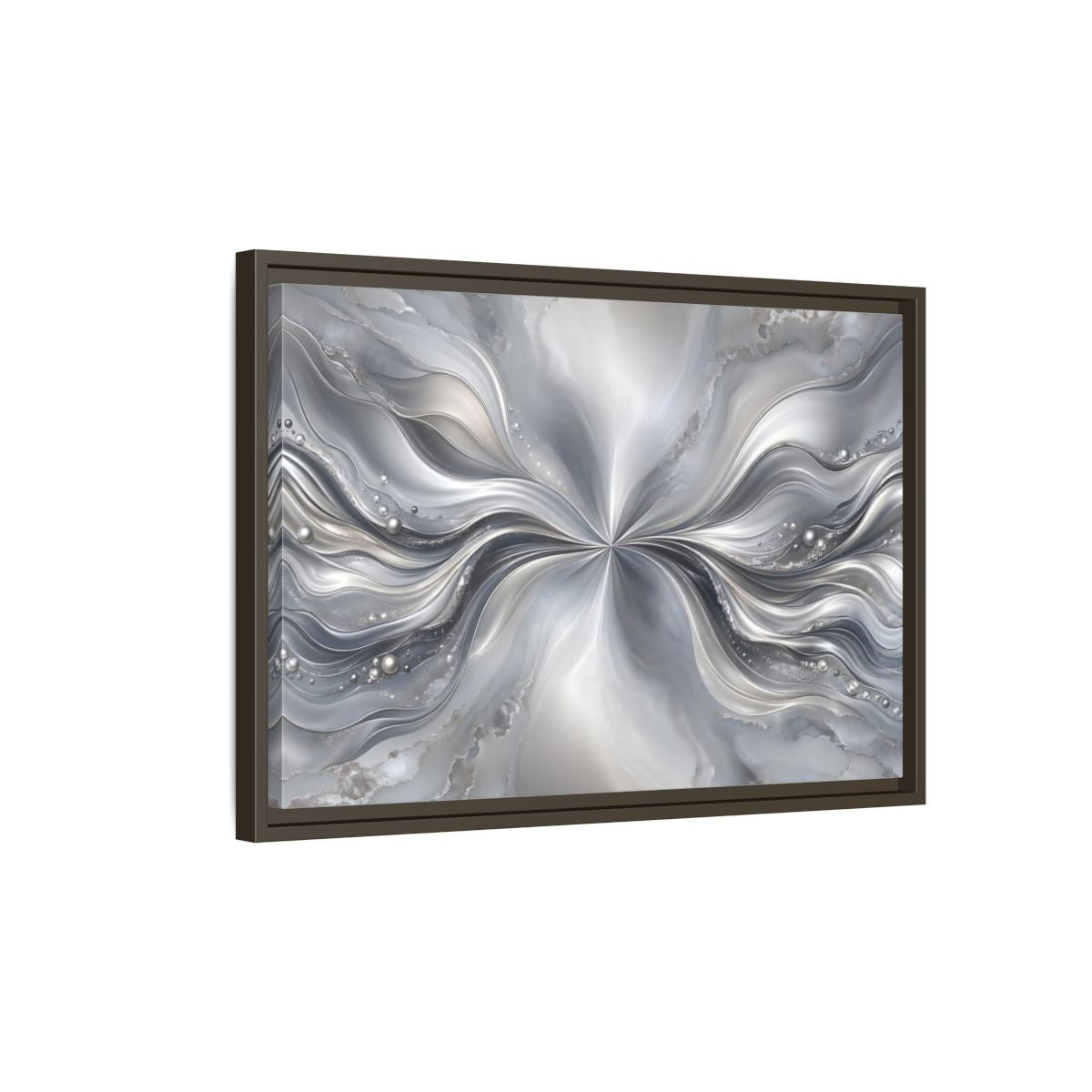 Side Mockup 2. Abstract Abstract Waves Silver Abstract shown as stretched canvas wall art