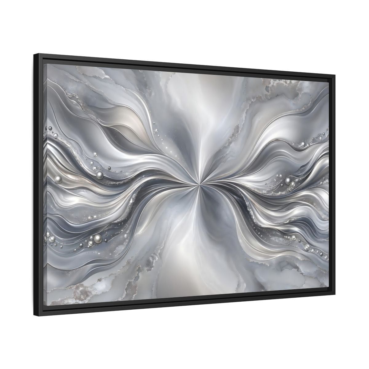 Side Mockup 13. Abstract Abstract Waves Silver Abstract shown as stretched canvas wall art