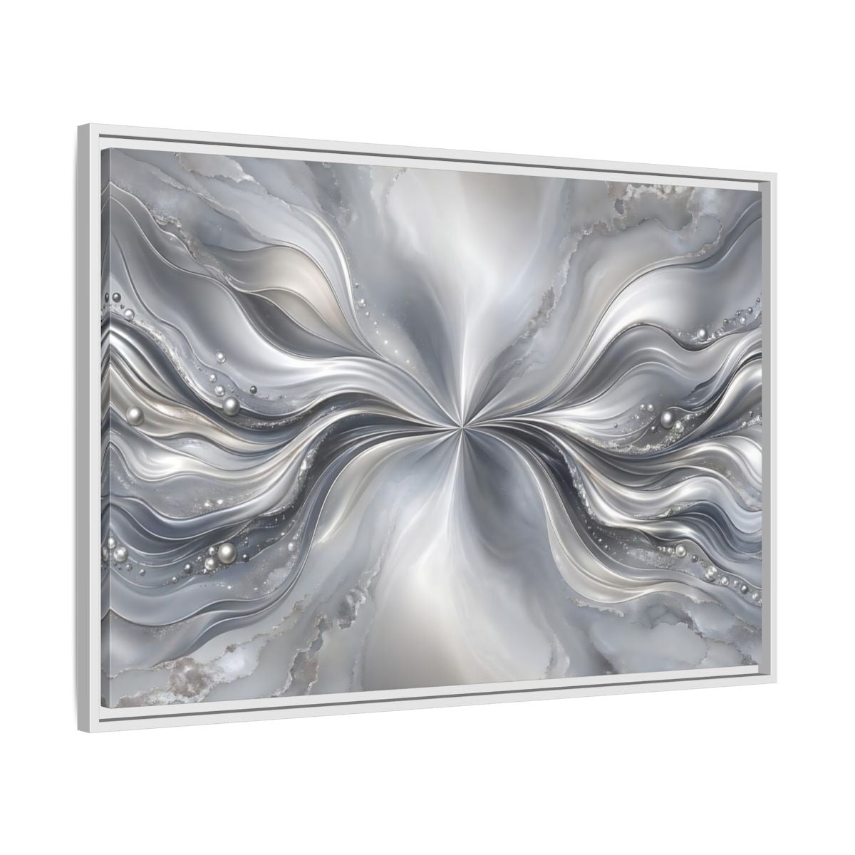 Side Mockup 9. Abstract Abstract Waves Silver Abstract shown as stretched canvas wall art