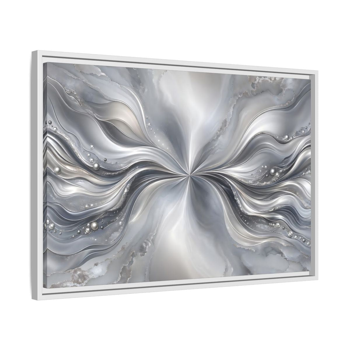 Side Mockup 10. Abstract Abstract Waves Silver Abstract shown as stretched canvas wall art
