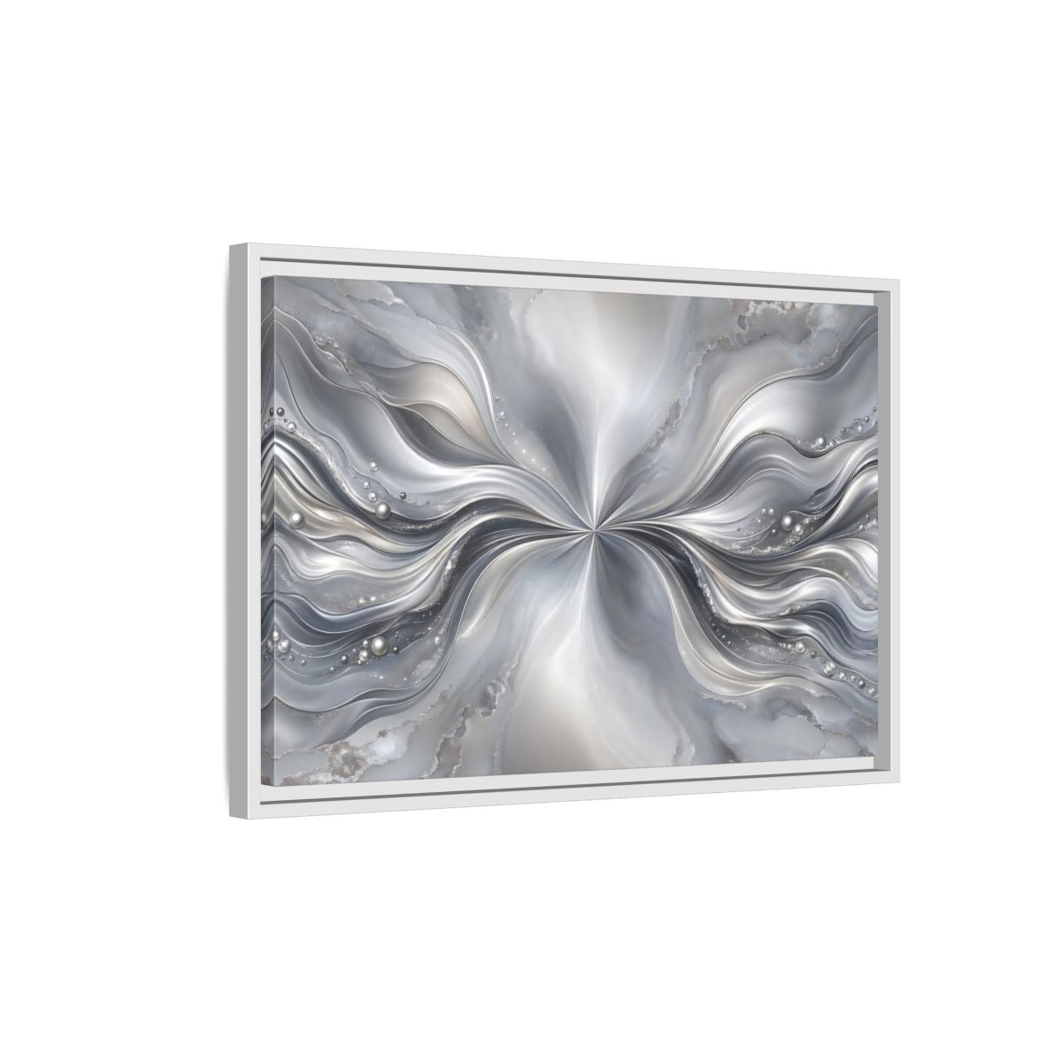Side Mockup 1. Abstract Abstract Waves Silver Abstract shown as stretched canvas wall art