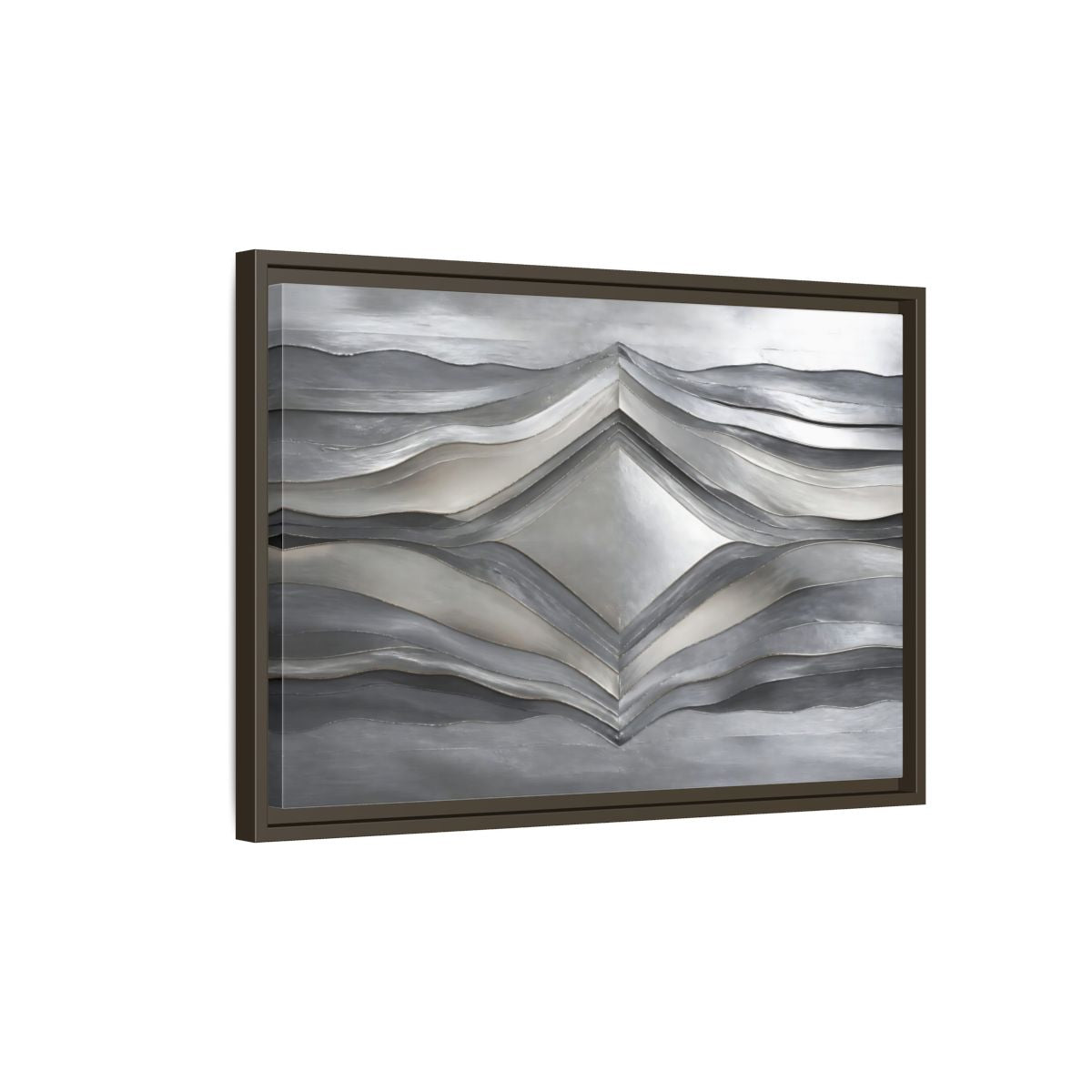 Side Mockup 2. Abstract Abstract Waves Silver Metallic Waves shown as stretched canvas wall art