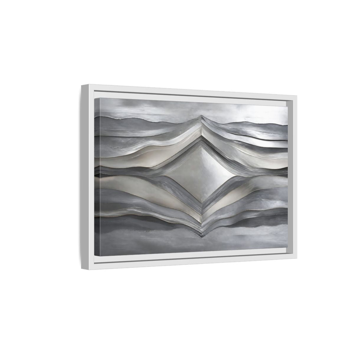 Side Mockup 4. Abstract Abstract Waves Silver Metallic Waves shown as stretched canvas wall art