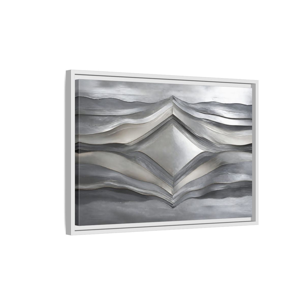 Side Mockup 1. Abstract Abstract Waves Silver Metallic Waves shown as stretched canvas wall art
