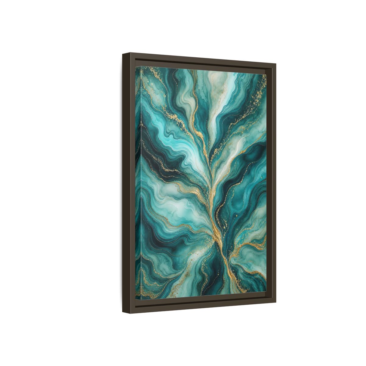 Side Mockup 5. Abstract Abstract Waves Teal Gold Abstract shown as stretched canvas wall art