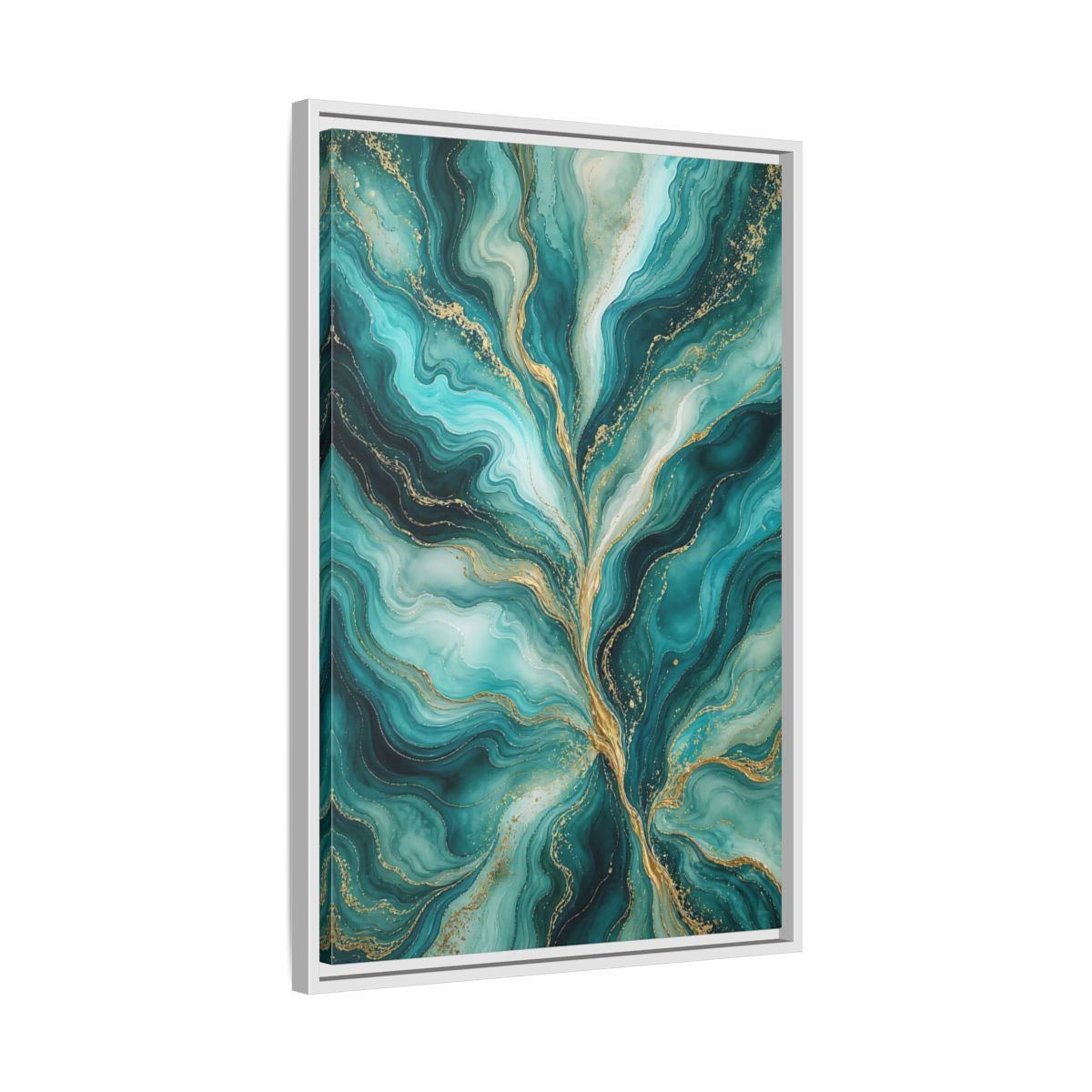 Side Mockup 10. Abstract Abstract Waves Teal Gold Abstract shown as stretched canvas wall art