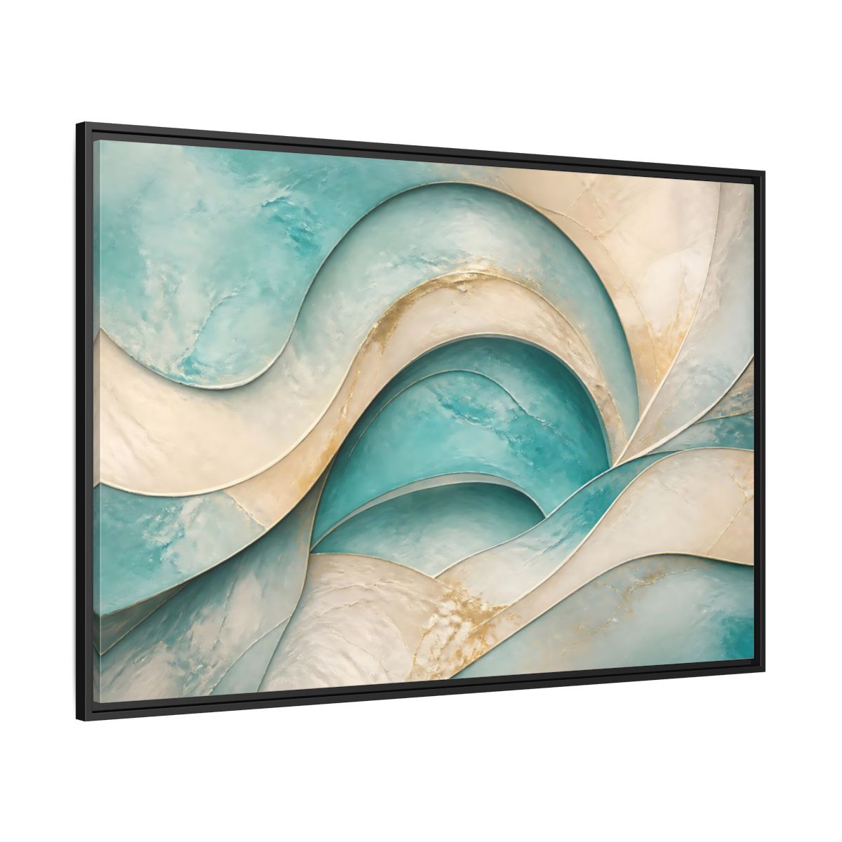 Side Mockup 12. Abstract Abstract Waves Teal Gold Abstract shown as stretched canvas wall art