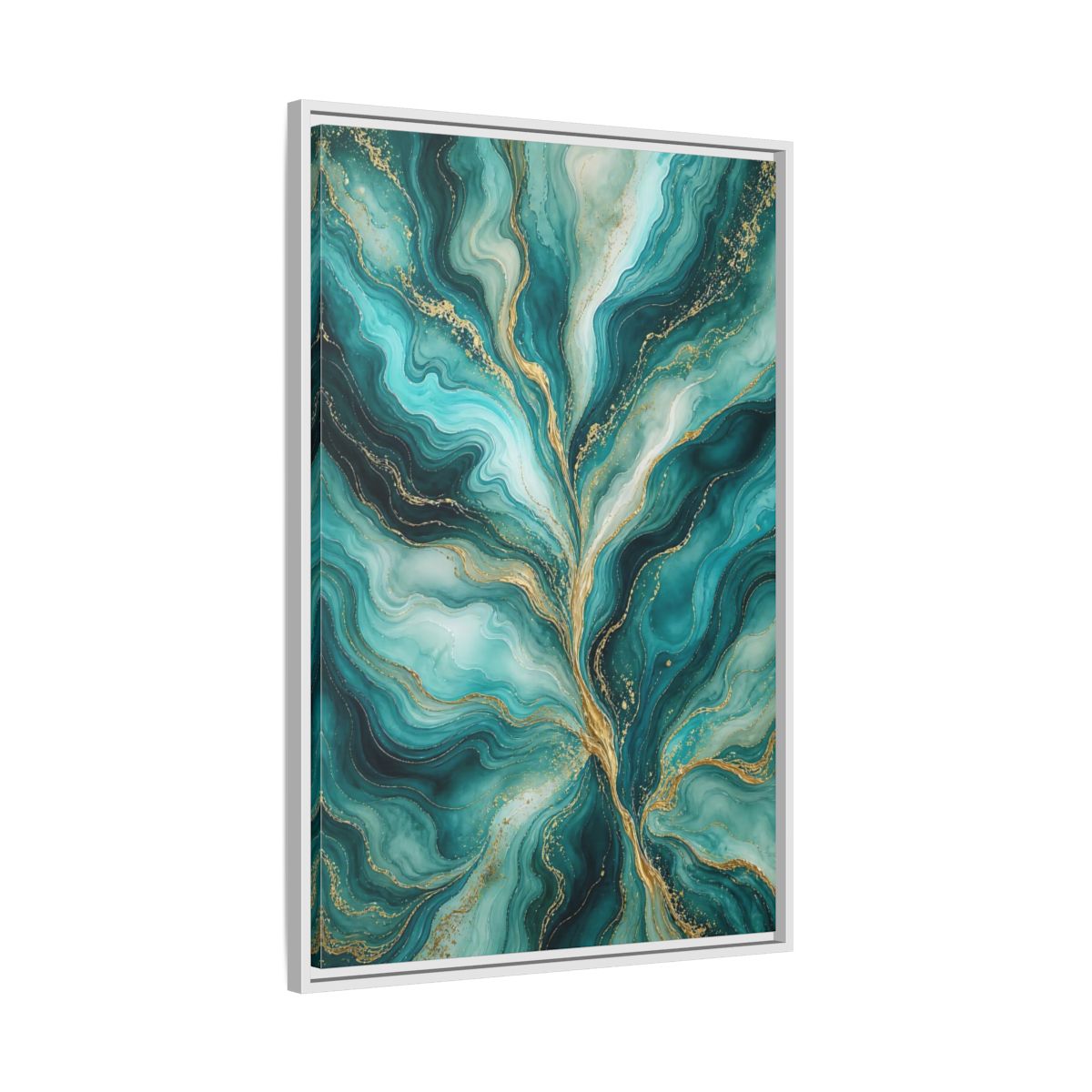 Side Mockup 9. Abstract Abstract Waves Teal Gold Abstract shown as stretched canvas wall art