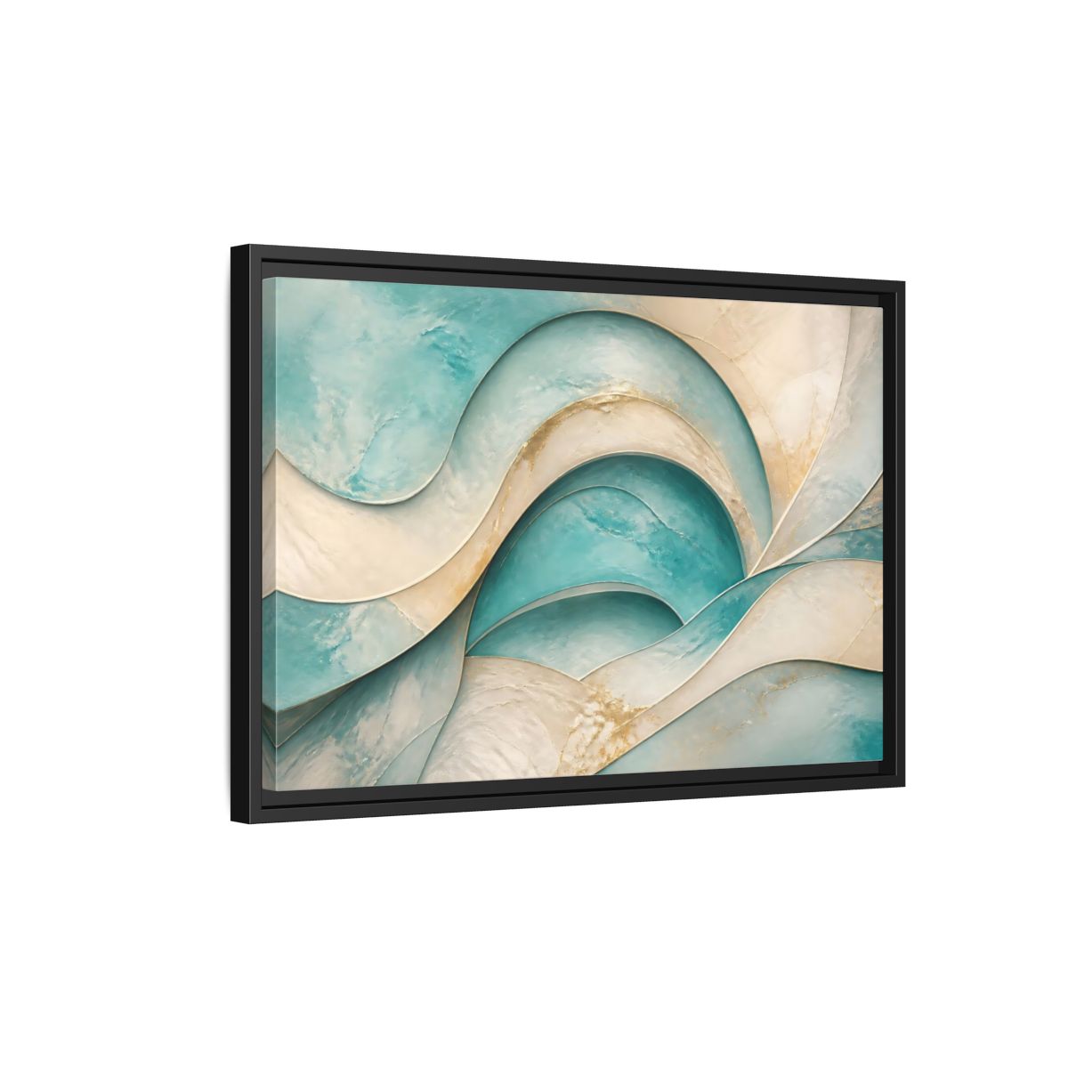 Side Mockup 3. Abstract Abstract Waves Teal Gold Abstract shown as stretched canvas wall art