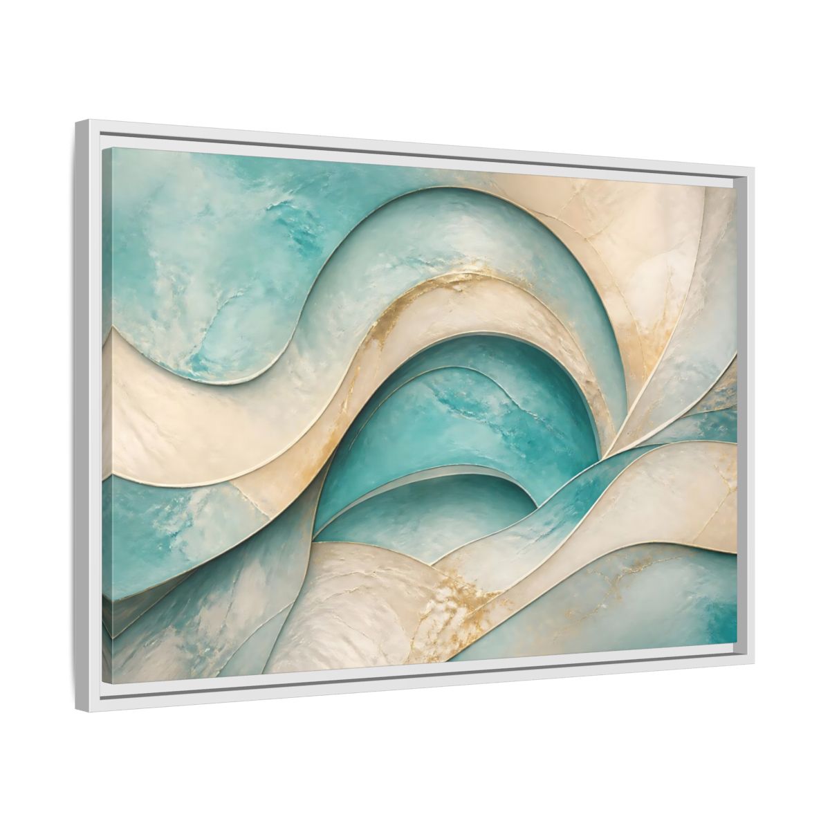 Side Mockup 10. Abstract Abstract Waves Teal Gold Abstract shown as stretched canvas wall art