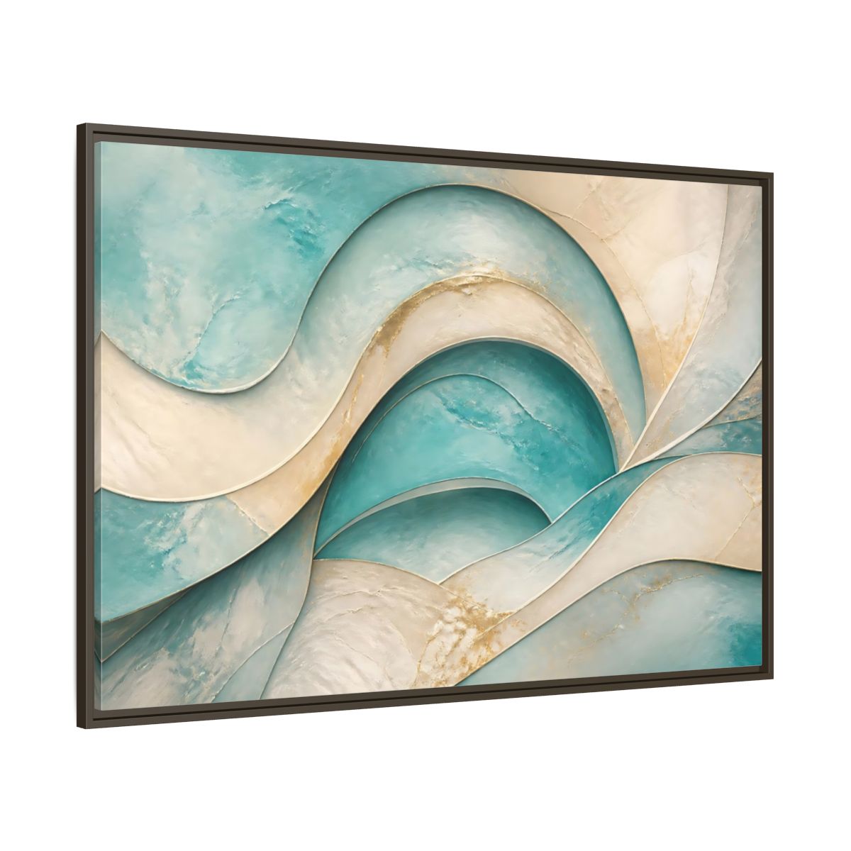 Side Mockup 8. Abstract Abstract Waves Teal Gold Abstract shown as stretched canvas wall art