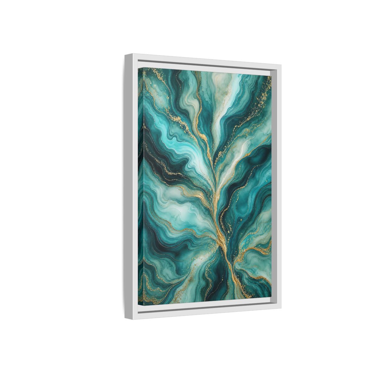 Side Mockup 4. Abstract Abstract Waves Teal Gold Abstract shown as stretched canvas wall art