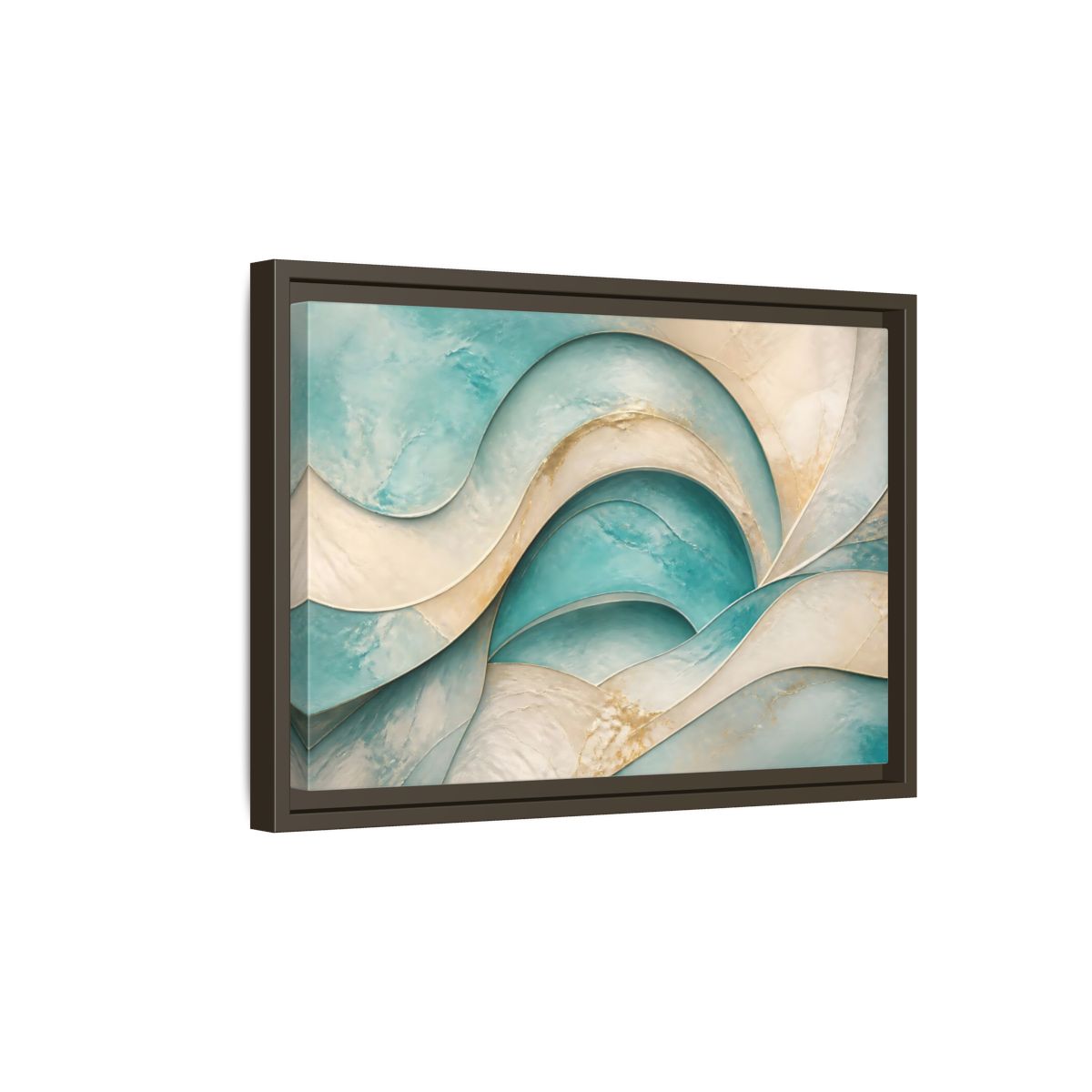 Side Mockup 5. Abstract Abstract Waves Teal Gold Abstract shown as stretched canvas wall art