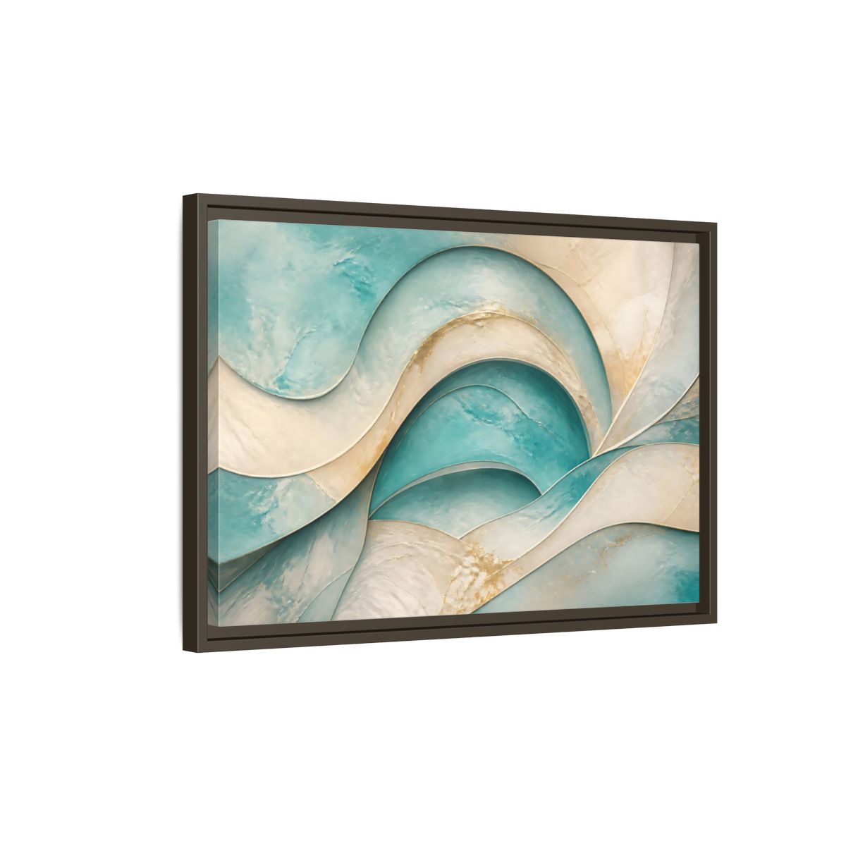 Side Mockup 2. Abstract Abstract Waves Teal Gold Abstract shown as stretched canvas wall art