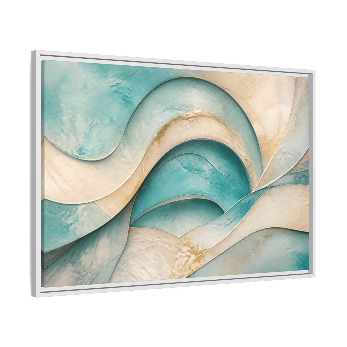Side Mockup 9. Abstract Abstract Waves Teal Gold Abstract shown as stretched canvas wall art