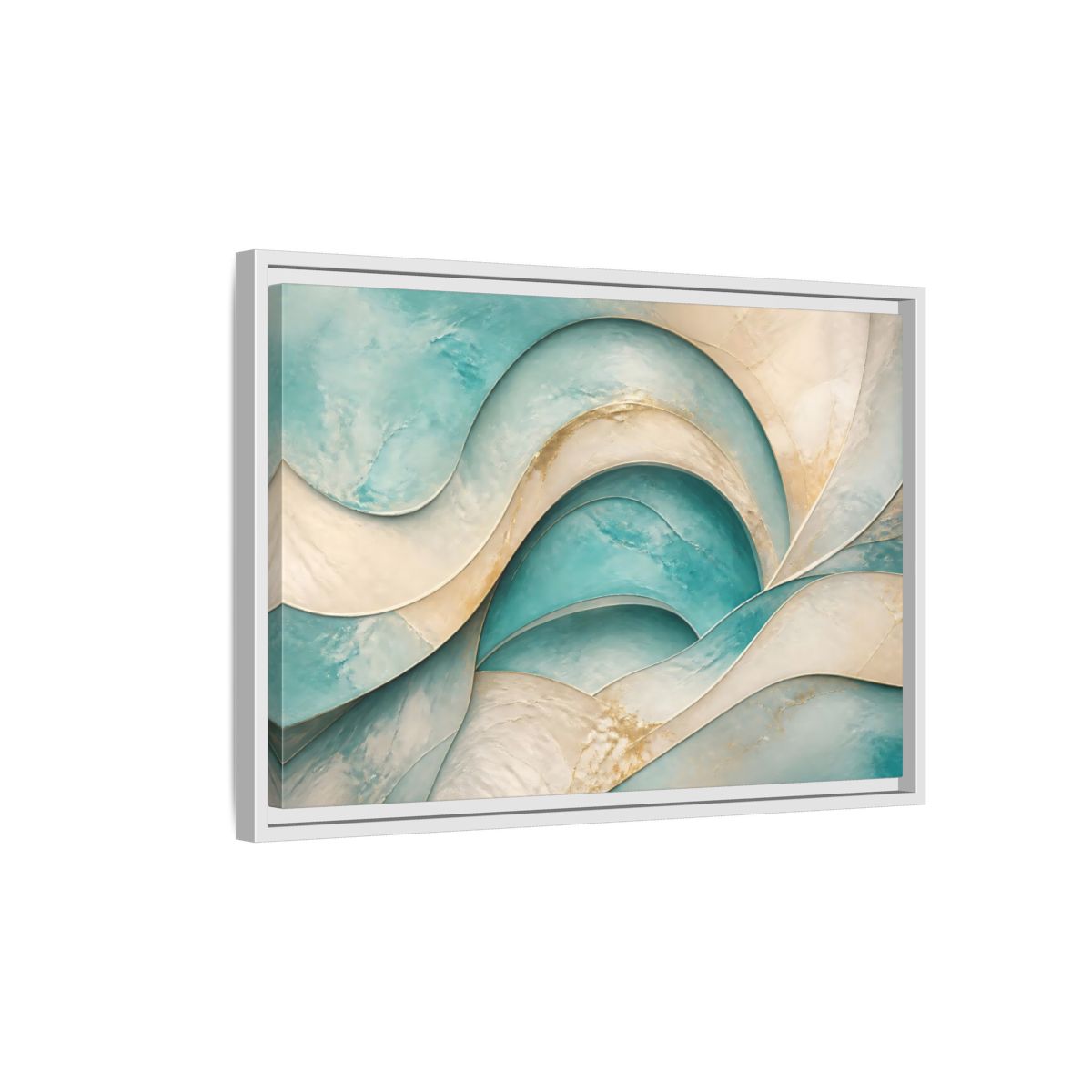 Side Mockup 1. Abstract Abstract Waves Teal Gold Abstract shown as stretched canvas wall art