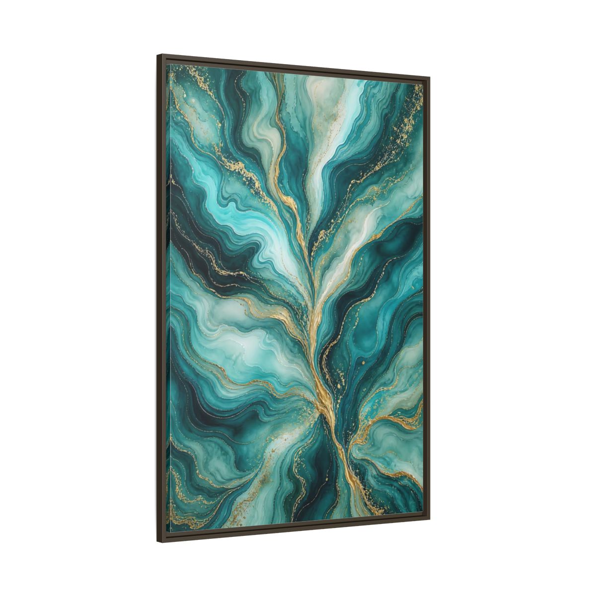 Side Mockup 8. Abstract Abstract Waves Teal Gold Abstract shown as stretched canvas wall art