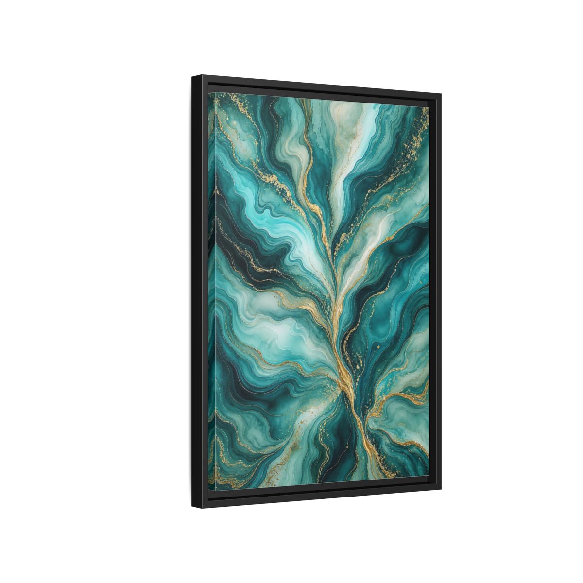 Side Mockup 3. Abstract Abstract Waves Teal Gold Abstract shown as stretched canvas wall art