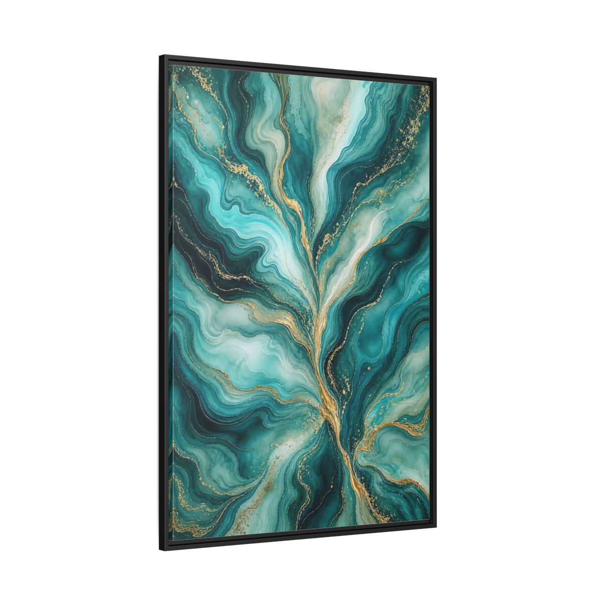Side Mockup 12. Abstract Abstract Waves Teal Gold Abstract shown as stretched canvas wall art