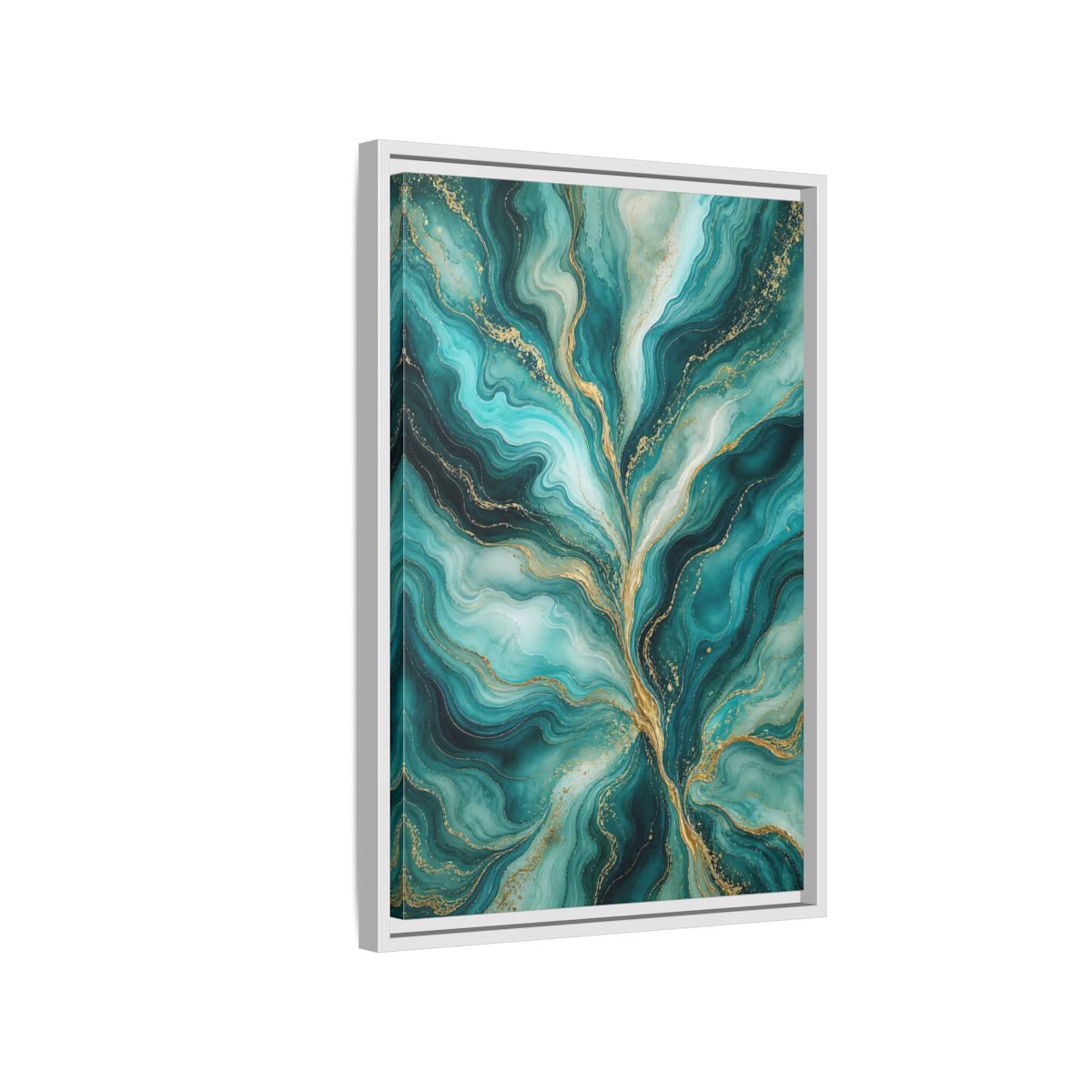 Side Mockup 1. Abstract Abstract Waves Teal Gold Abstract shown as stretched canvas wall art