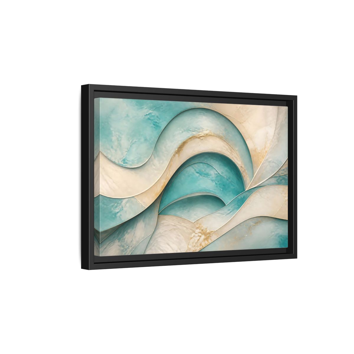 Side Mockup 6. Abstract Abstract Waves Teal Gold Abstract shown as stretched canvas wall art