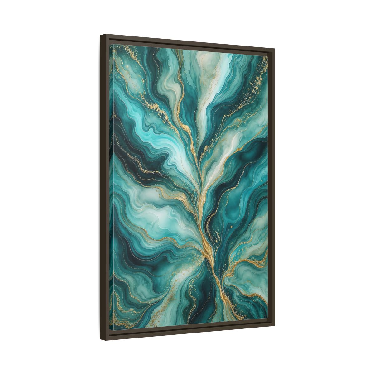 Side Mockup 11. Abstract Abstract Waves Teal Gold Abstract shown as stretched canvas wall art