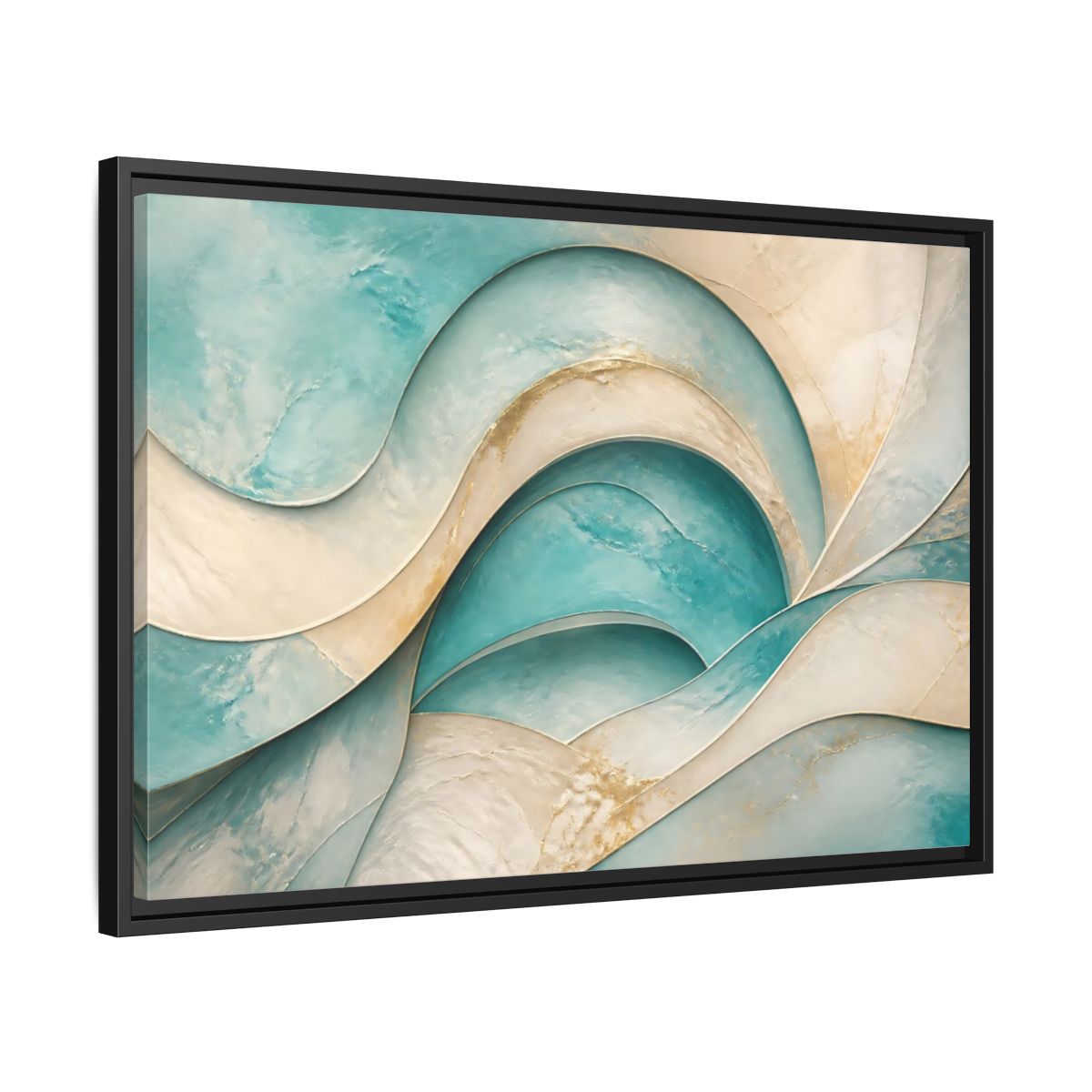 Side Mockup 14. Abstract Abstract Waves Teal Gold Abstract shown as stretched canvas wall art