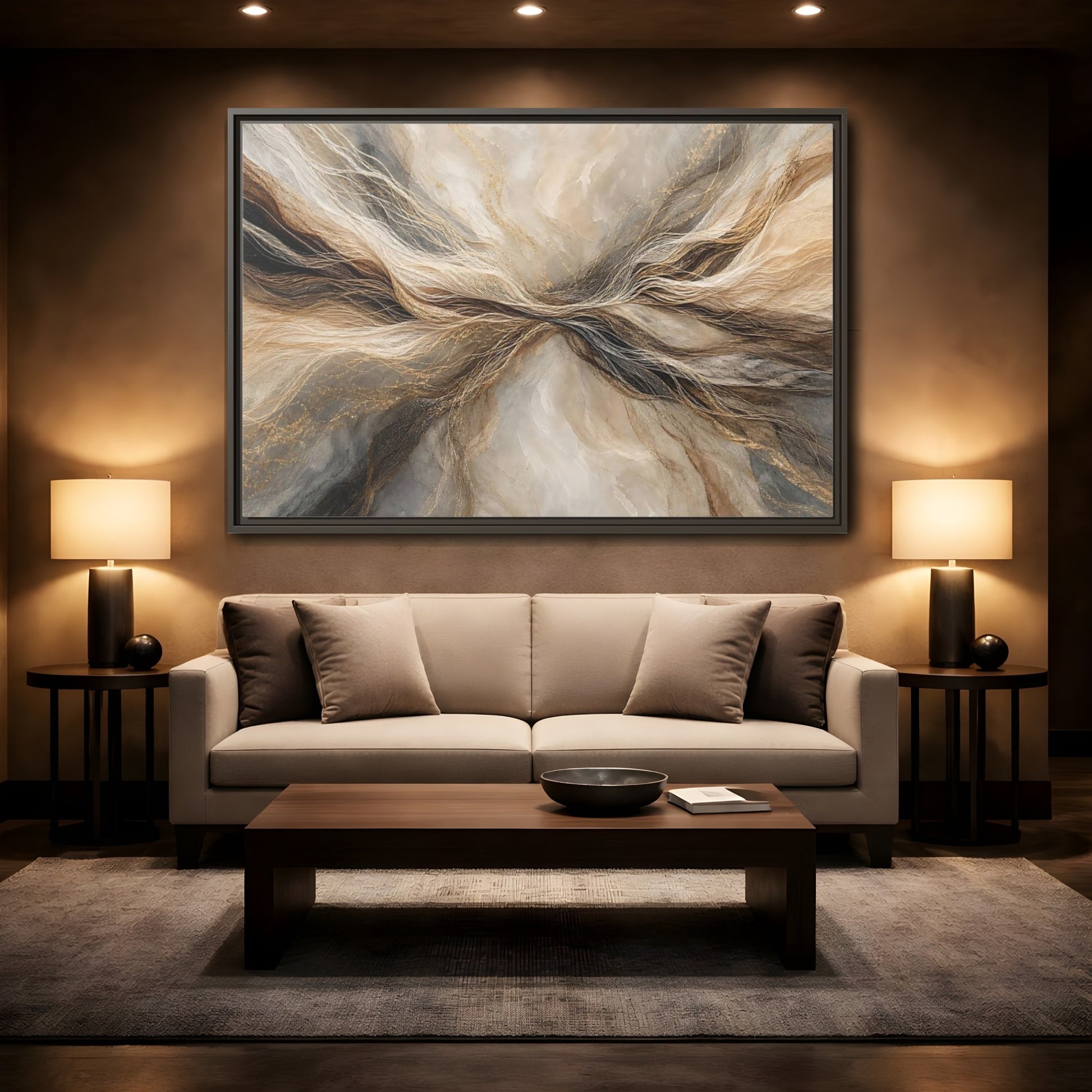Mockup 2. Abstract Wavy Lines Brown And Gold Abstract shown as stretched canvas wall art