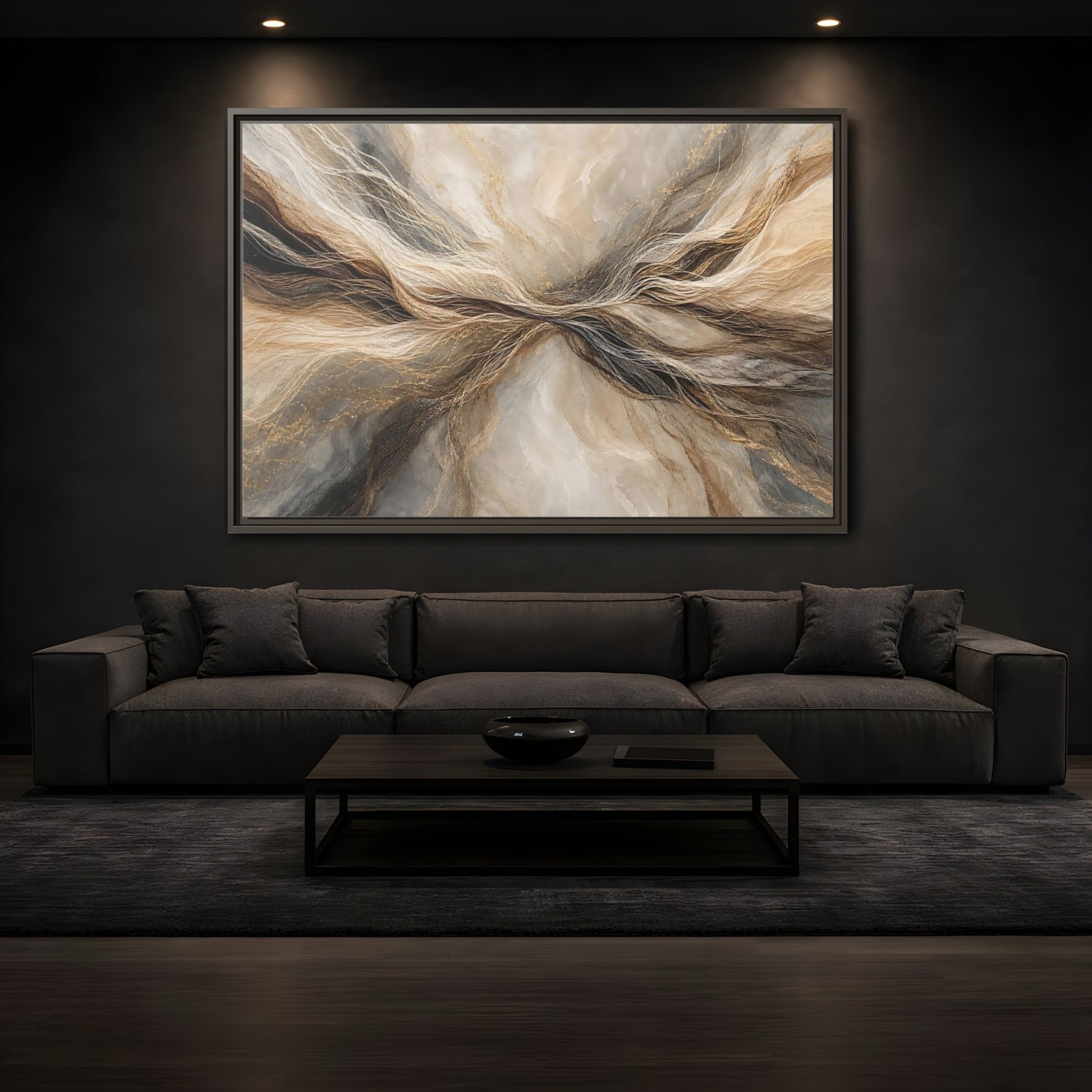 Mockup 3. Abstract Wavy Lines Brown And Gold Abstract shown as stretched canvas wall art