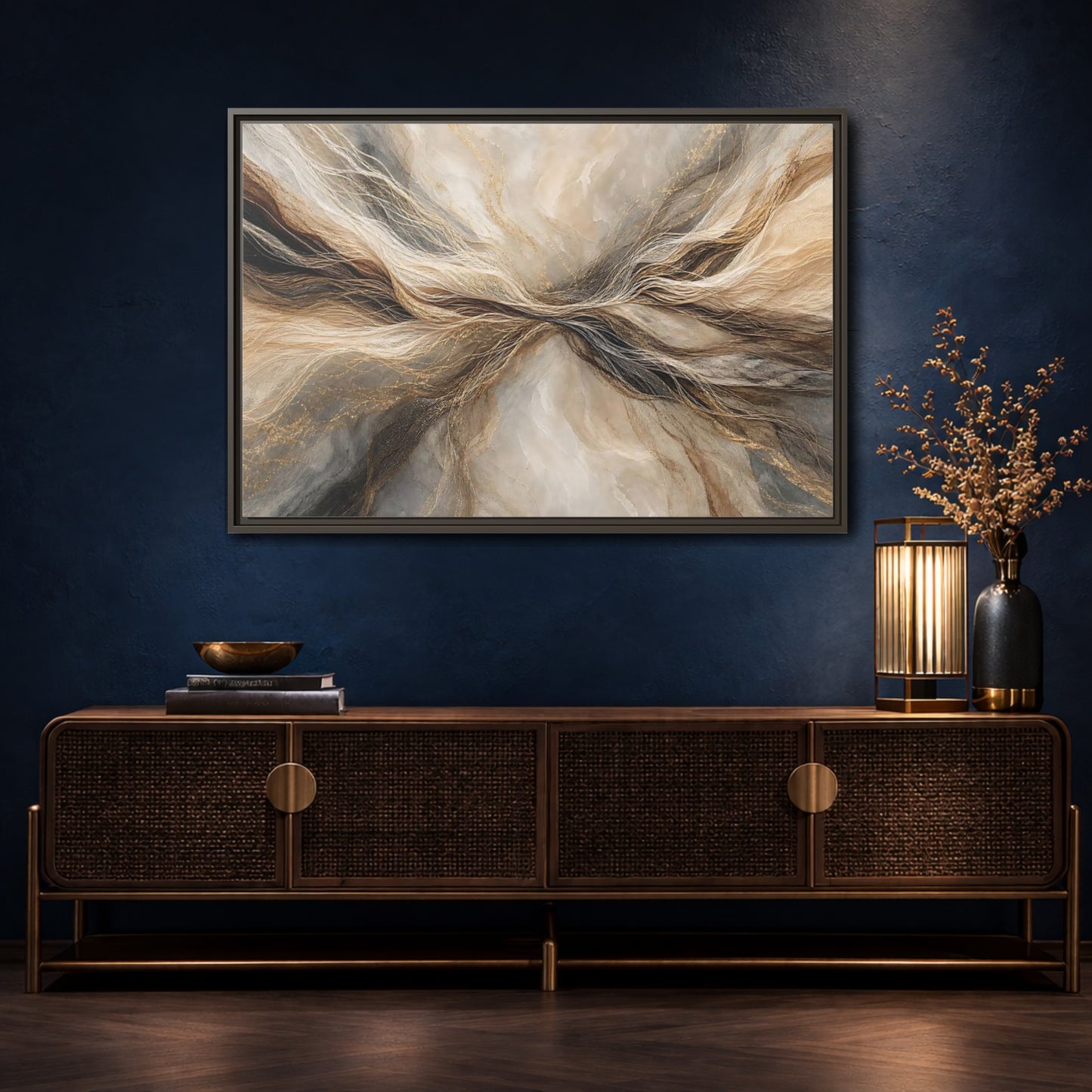 Mockup 4. Abstract Wavy Lines Brown And Gold Abstract shown as stretched canvas wall art