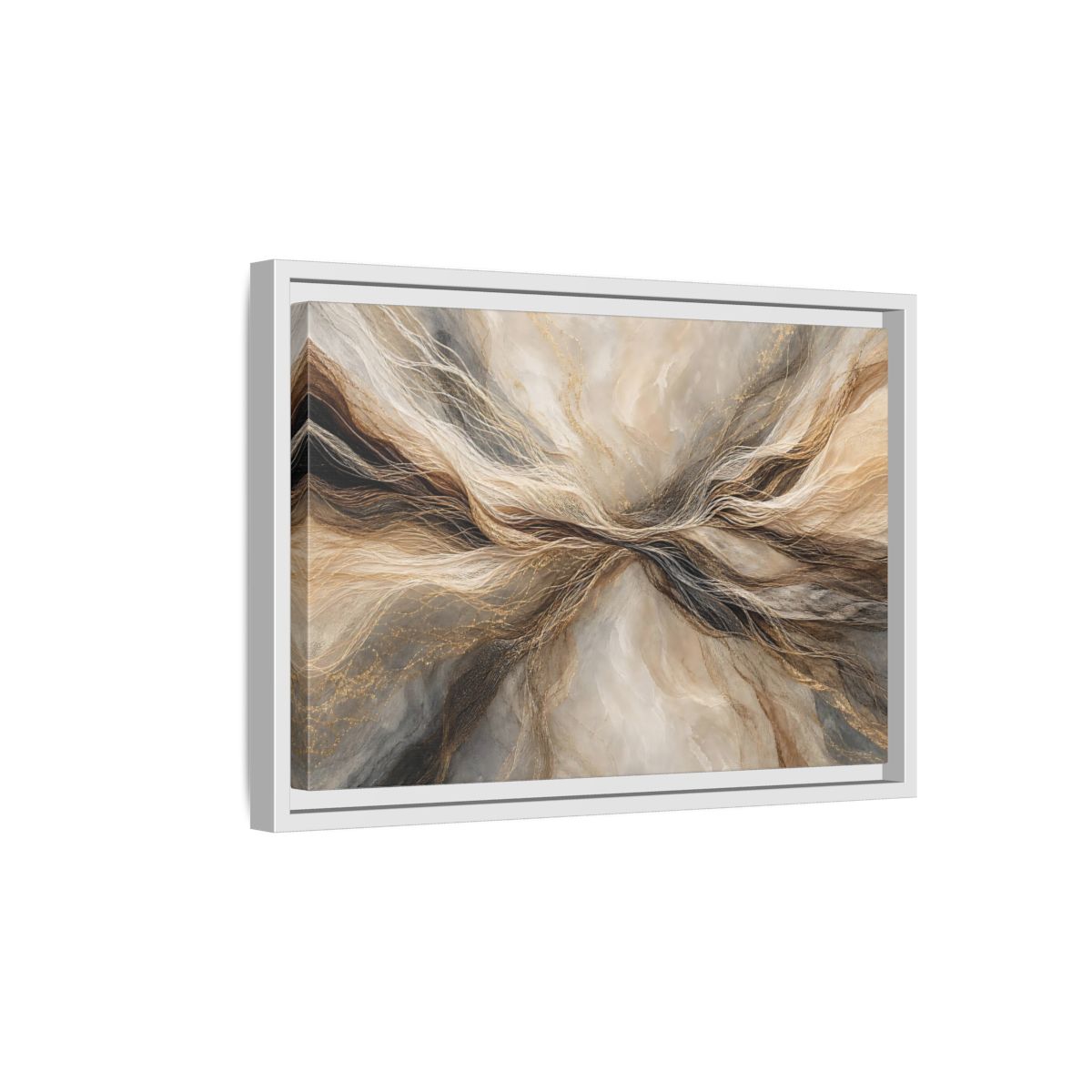 Side Mockup 4. Abstract Wavy Lines Brown And Gold Abstract shown as stretched canvas wall art