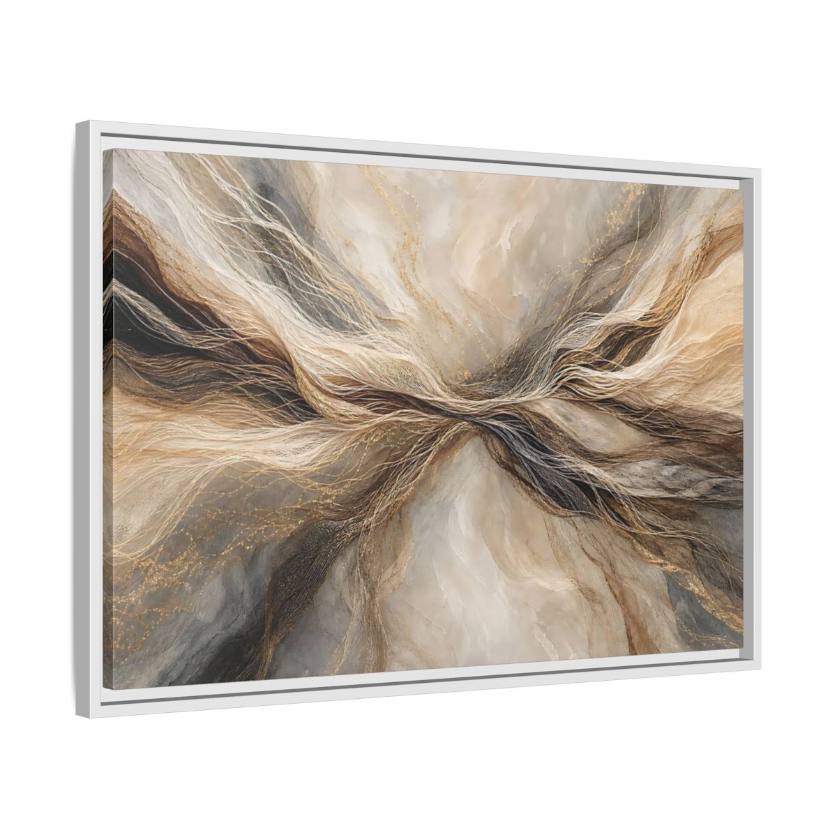 Side Mockup 10. Abstract Wavy Lines Brown And Gold Abstract shown as stretched canvas wall art