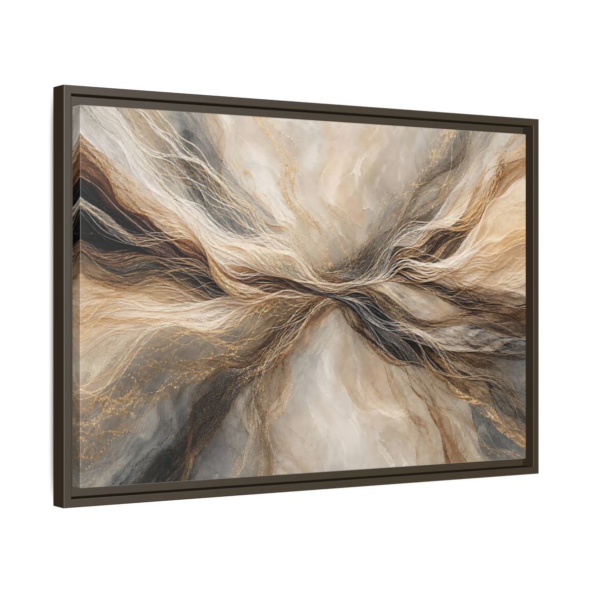 Side Mockup 11. Abstract Wavy Lines Brown And Gold Abstract shown as stretched canvas wall art