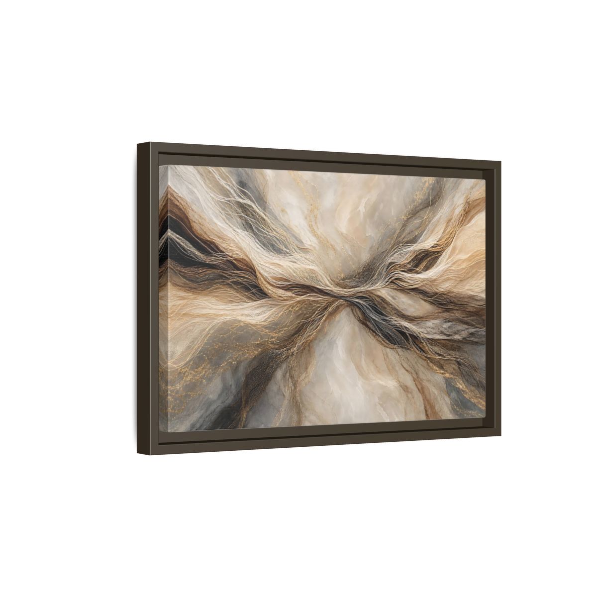 Side Mockup 5. Abstract Wavy Lines Brown And Gold Abstract shown as stretched canvas wall art