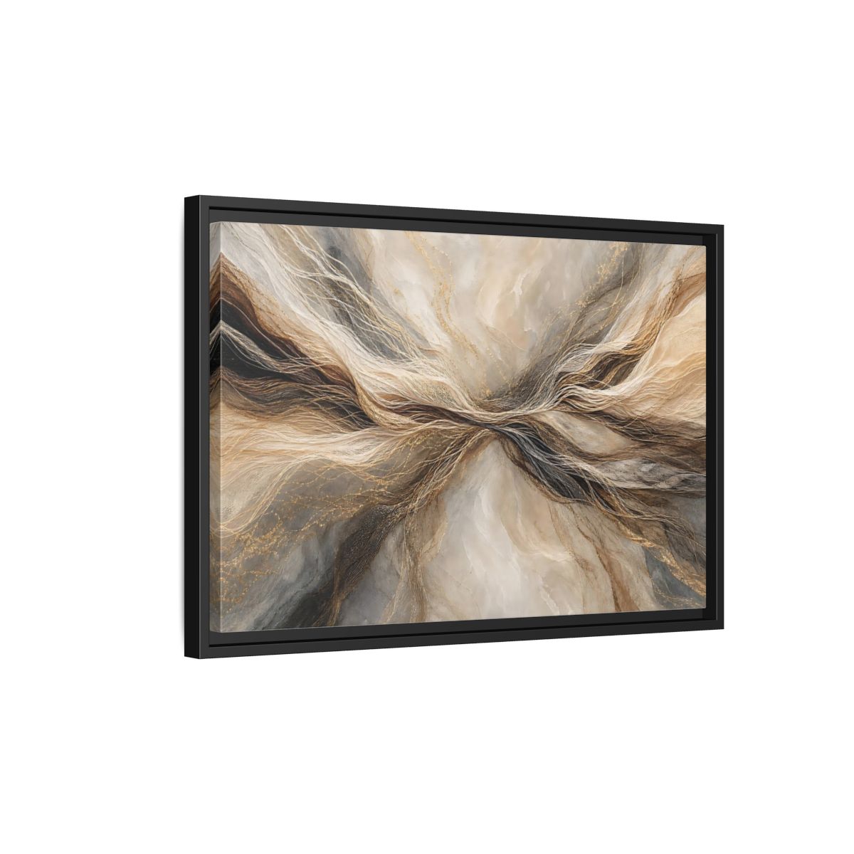 Side Mockup 3. Abstract Wavy Lines Brown And Gold Abstract shown as stretched canvas wall art