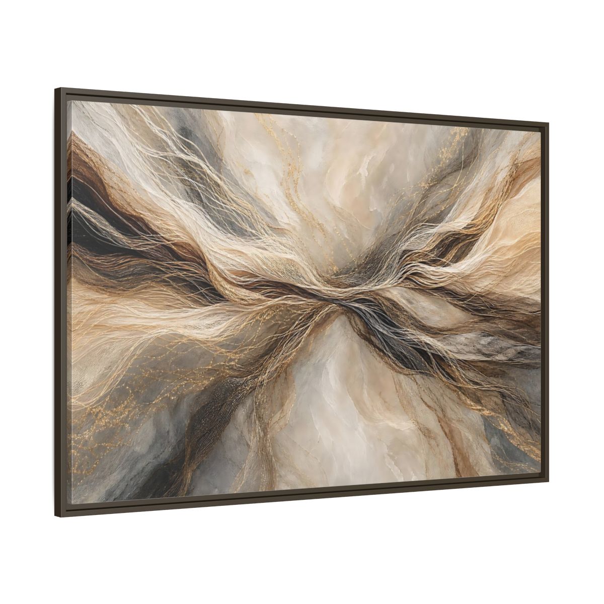 Side Mockup 8. Abstract Wavy Lines Brown And Gold Abstract shown as stretched canvas wall art