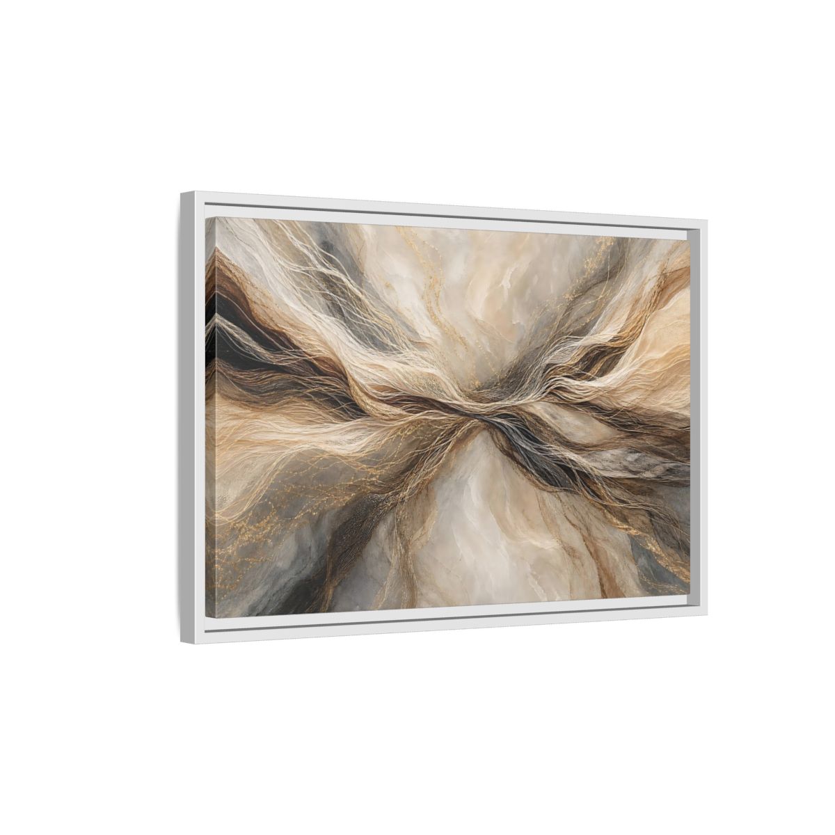 Side Mockup 1. Abstract Wavy Lines Brown And Gold Abstract shown as stretched canvas wall art