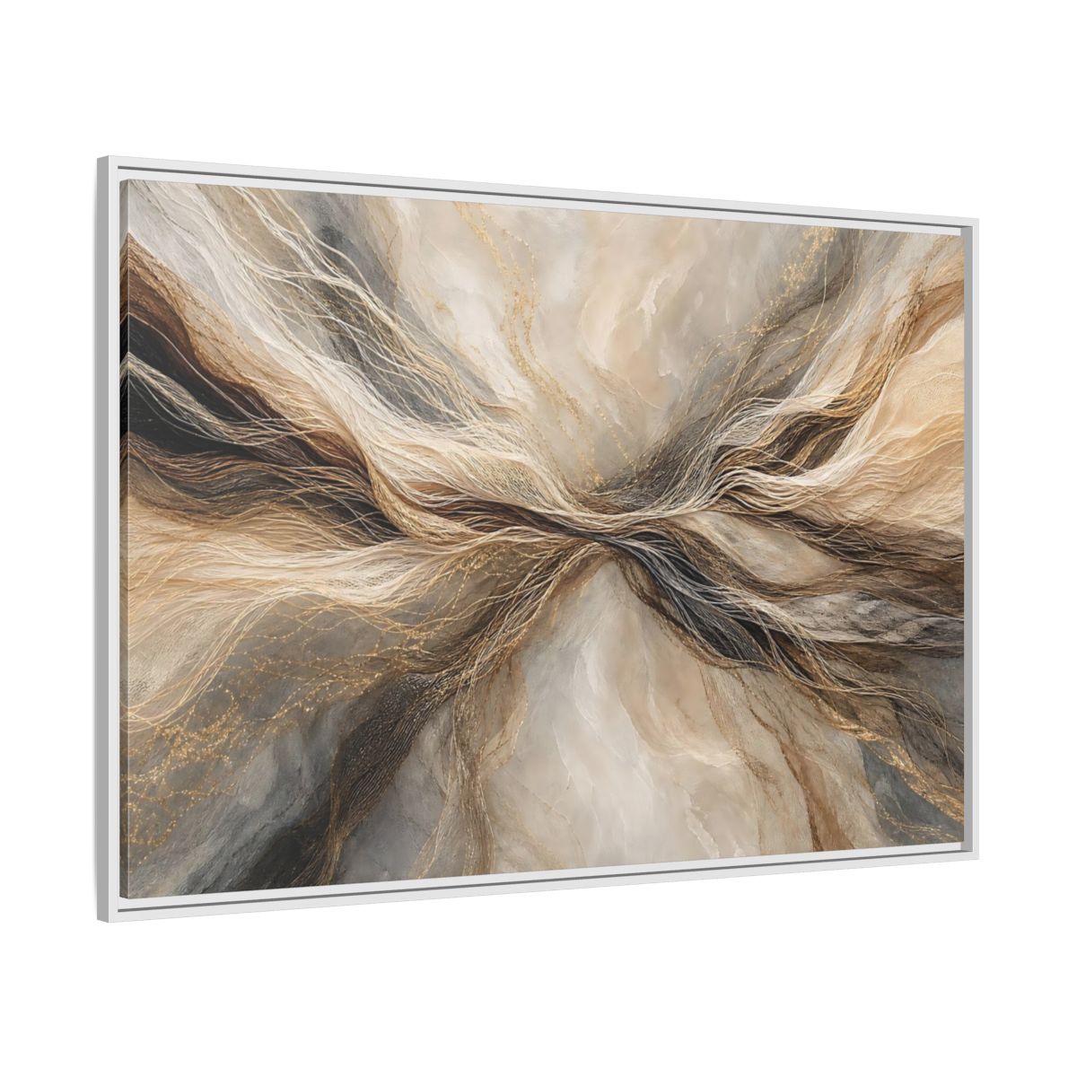 Side Mockup 7. Abstract Wavy Lines Brown And Gold Abstract shown as stretched canvas wall art