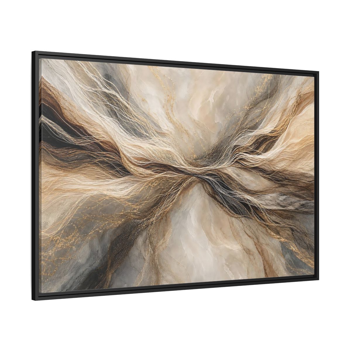Side Mockup 12. Abstract Wavy Lines Brown And Gold Abstract shown as stretched canvas wall art