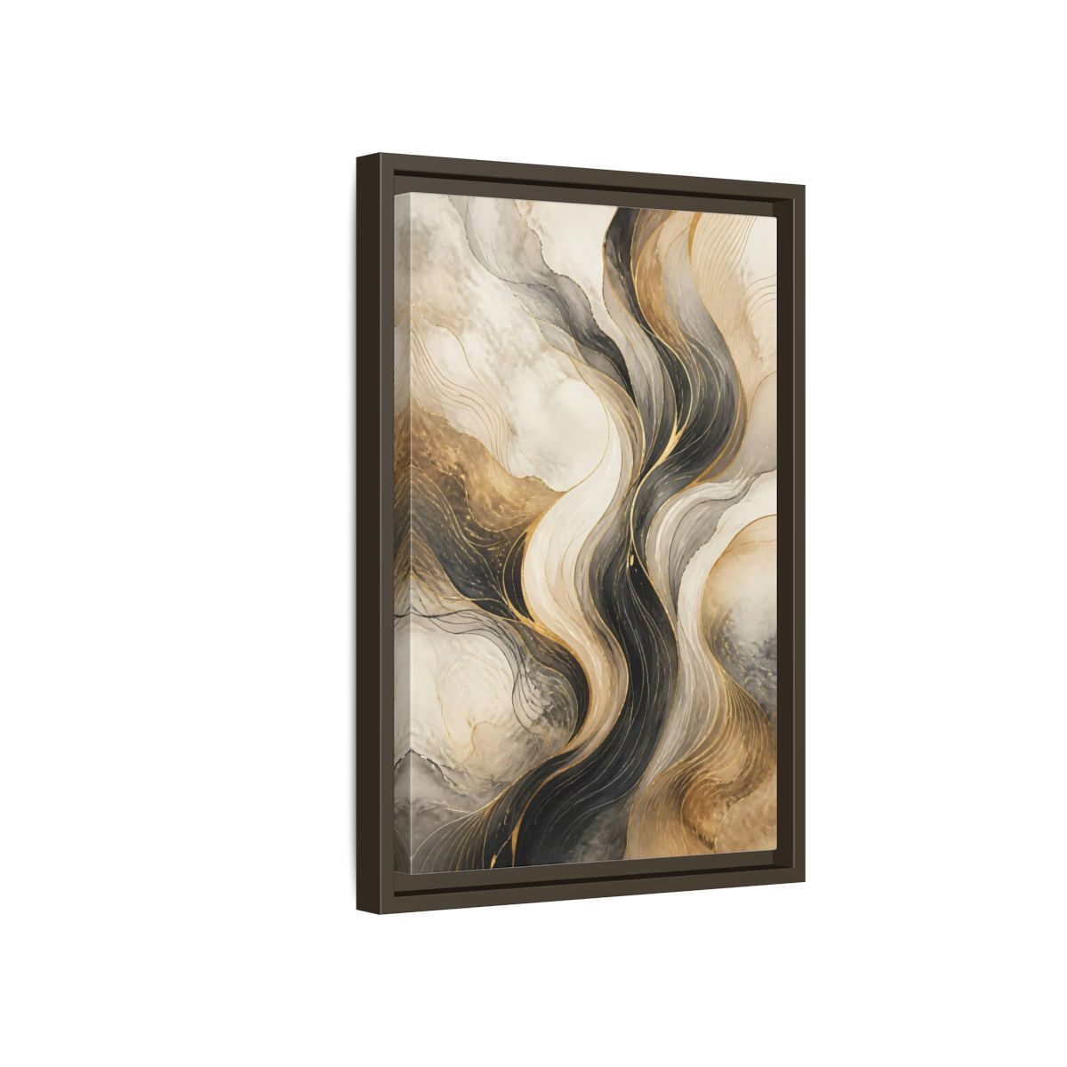 Side Mockup 5. Abstract Wavy Lines Gold Black Marble shown as stretched canvas wall art