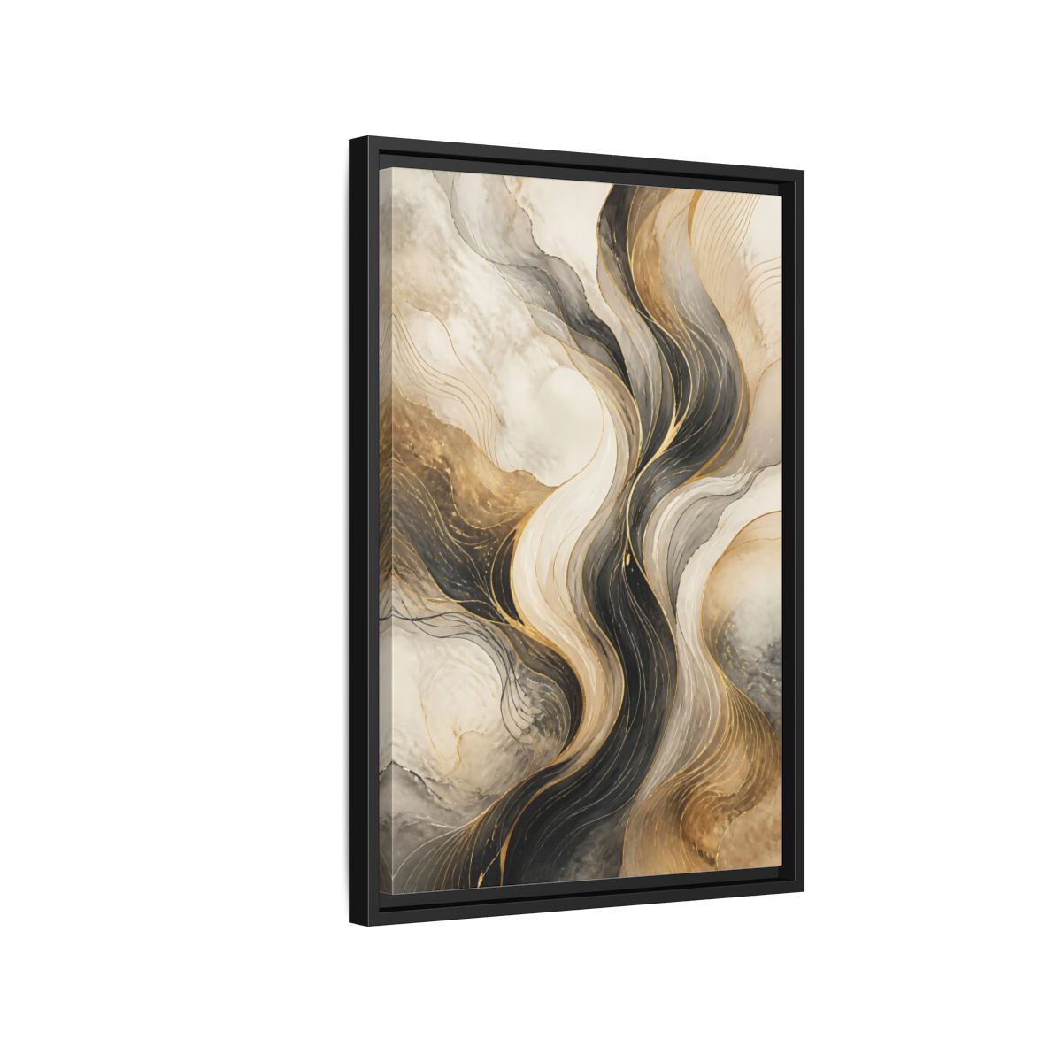 Side Mockup 3. Abstract Wavy Lines Gold Black Marble shown as stretched canvas wall art