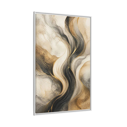 Side Mockup 7. Abstract Wavy Lines Gold Black Marble shown as stretched canvas wall art