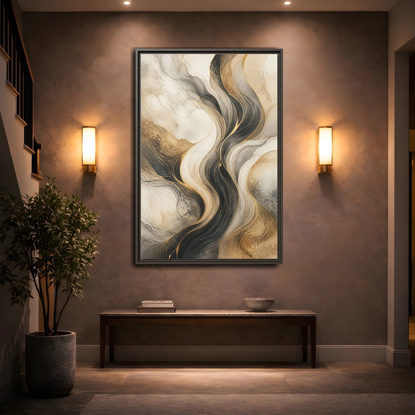 Mockup 2. Abstract Wavy Lines Gold Black Marble shown as stretched canvas wall art